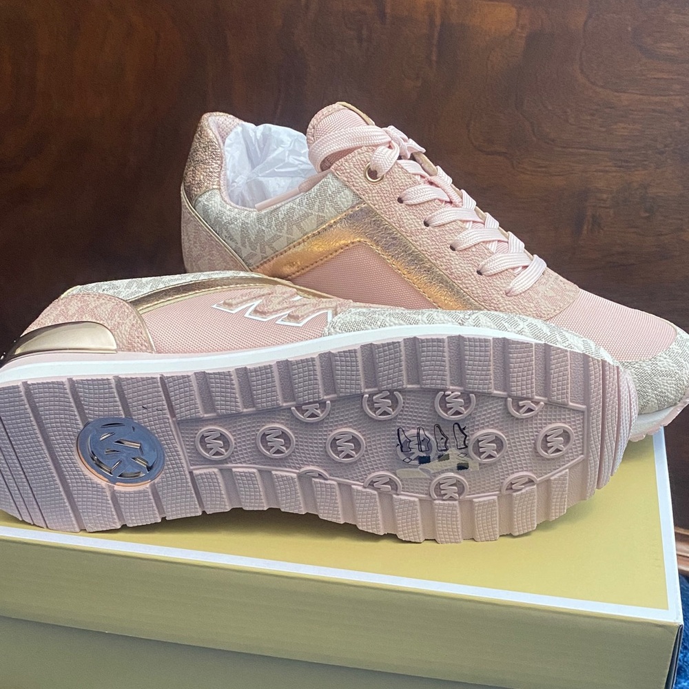 Michael Kors Blush Pink and Rose Gold Lace-Up Sneakers - Picture 3 of 9
